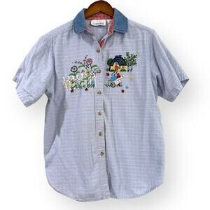 Vintage Casey & Max Womens Large Flower Garden Embroidered Button-Up Shirt FLAWS